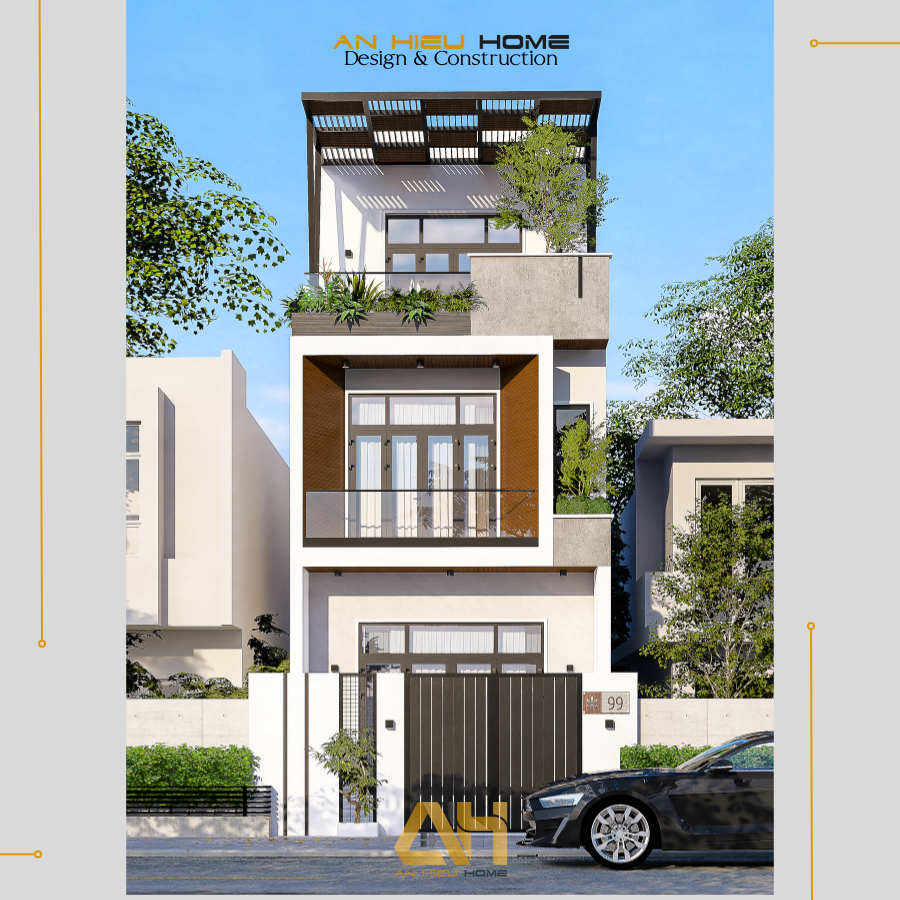 Thiết Kế Nhà Phố Hiện Đại 1 Trệt 2 Lầu Với Mặt Tiền Tối Giản, Ban Công Thoáng Và Hình Khối Kiến Trúc Rõ Nét